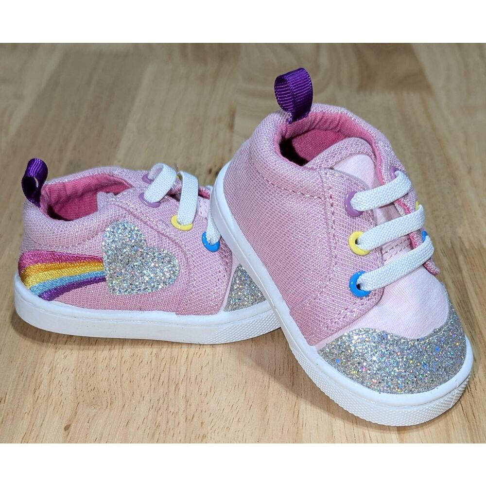 Baby Girl Sneakers Shoe Size 2 Pink Glitter Heart Rainbow Lace Sparkle Pull On